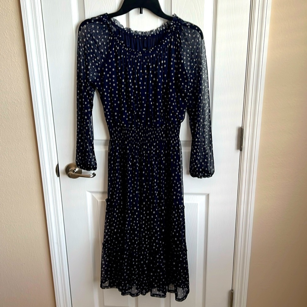 KATE & Lily Navy Blue Polka Dot Long‎ Sleeve Sheer Midi Dress Size 8